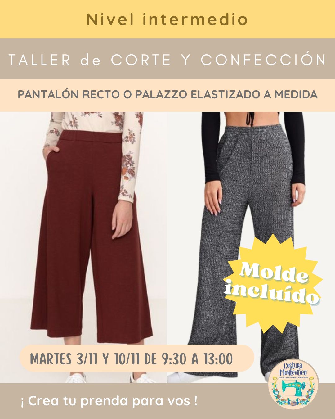 Curso corto de corte y confección: Pantalón elastizado recto o palazzo a medida